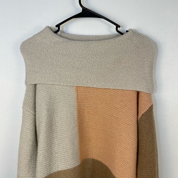 Cowl Turtleneck oversized long colorblock fuzzy knit sweater soft size medium - Picture 6 of 12